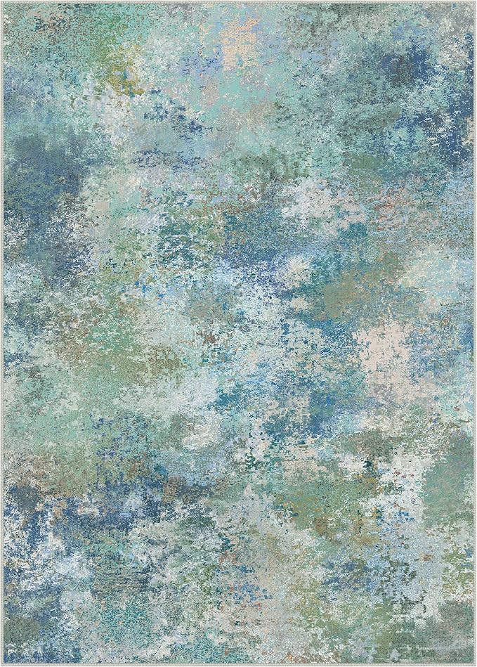 Area Rugs 5x7 for Living Room Bedroom, Modern Abstract Machine Washable Rug, Large Soft Low Pile Floor Carpet with Non Slip Backing for Dining Room, Blue Green