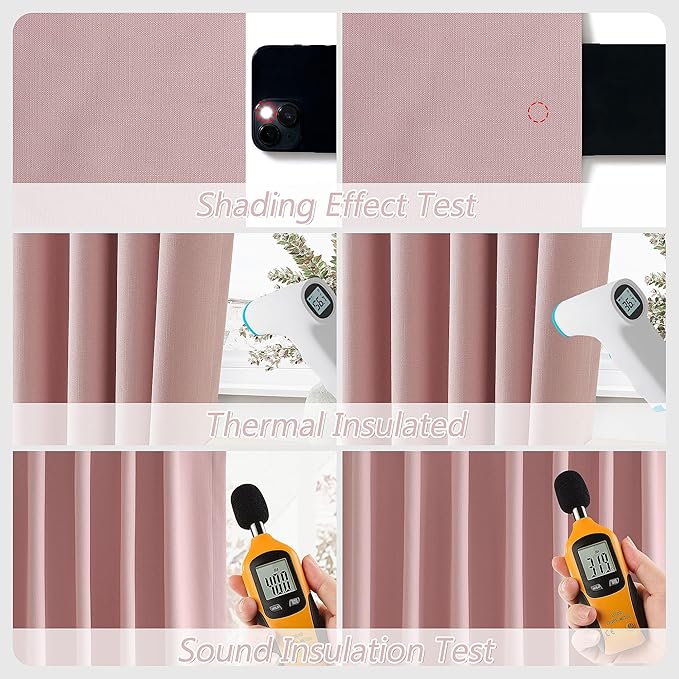 Guken Pink 100% Blackout Linen Curtains 108 Inch 2 Panels Set for Girl's Bedroom, Living Room, Nursery, Back Tab/Rod Pocket Thermal Insulated Black Out Drapes Room Darkening Farmhouse Window Curtains
