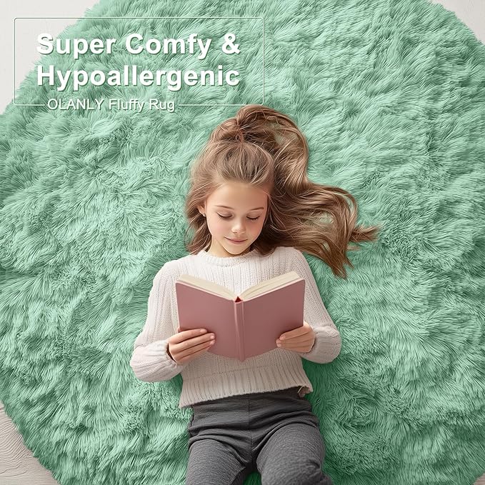 OLANLY Mint Green Round Rugs for Bedroom - Machine Washable, 4 ft Circle Area Rugs for Living Room, Soft and Fluffy Shaggy Carpet for Teen Girls and Boys, Nursery Rooms, Dorms, Home Decor Aesthetic