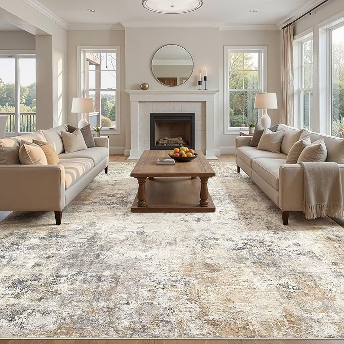 UERMEI 12x15 Area Rug Living Room Rugs - Washable Neutral Modern Abstract Soft Thin Large Rug Indoor Floor No Slip Rug Carpet for Bedroom Under Dining Table Home Office Decor - Golden Grey