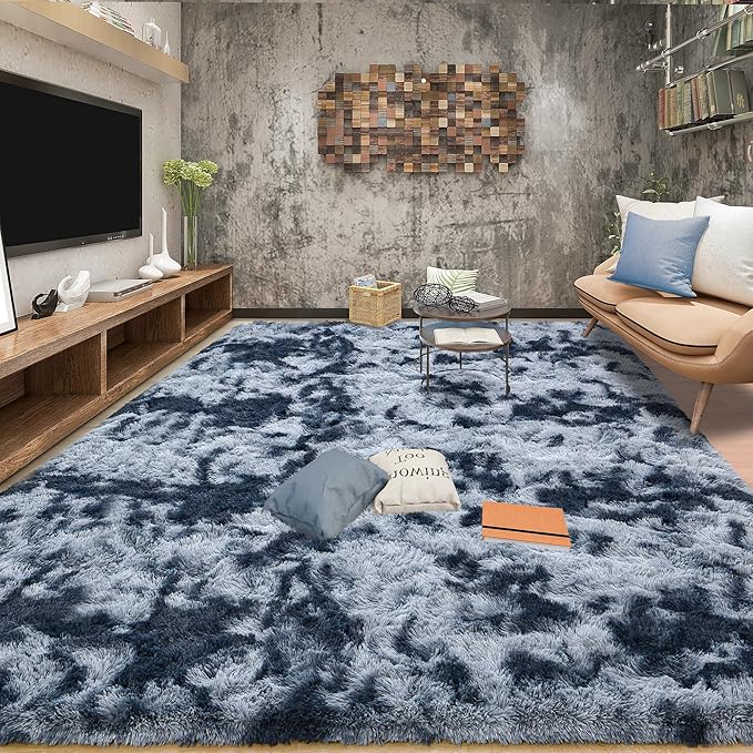Tepook Soft Fluffy Rugs for Living Room, 5x8 Shaggy Area Rug for Bedroom, Modern Shag Rug Fuzzy Carpets for Kids, Plush Indoor Nursery Home Decor Rug with Non-Slip Bottom, Tie-dye Dark Blue