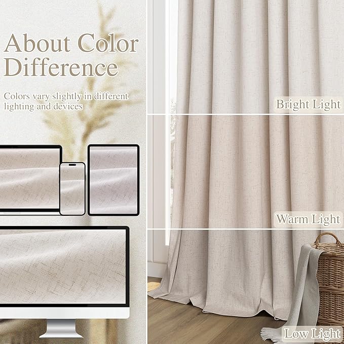 Guken 100% Blackout Curtains 120 Inch Length 2 Panels Set for Living Room Bedroom Back Tab Thermal Insulated Black Out Linen Drapes Room Darkening Window Curtains 120 Inches Long, Sand Beige
