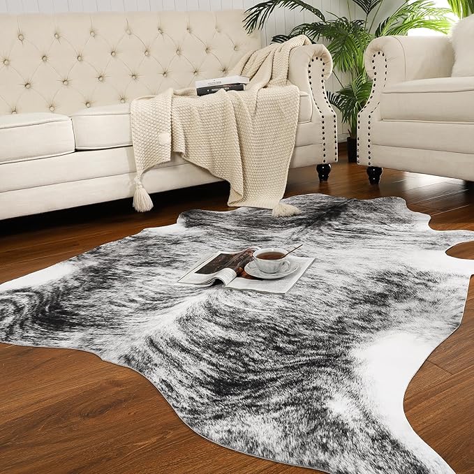 AROGAN Western Decor Faux Fur Cowhide Rug, 6 x 7 Feet Premium Animal Skin Cow Hide Rug, Sturdy Cow Print Rugs for Wall Decor, Western Floor Carpet for Bedroom Living Room, Black and Grey