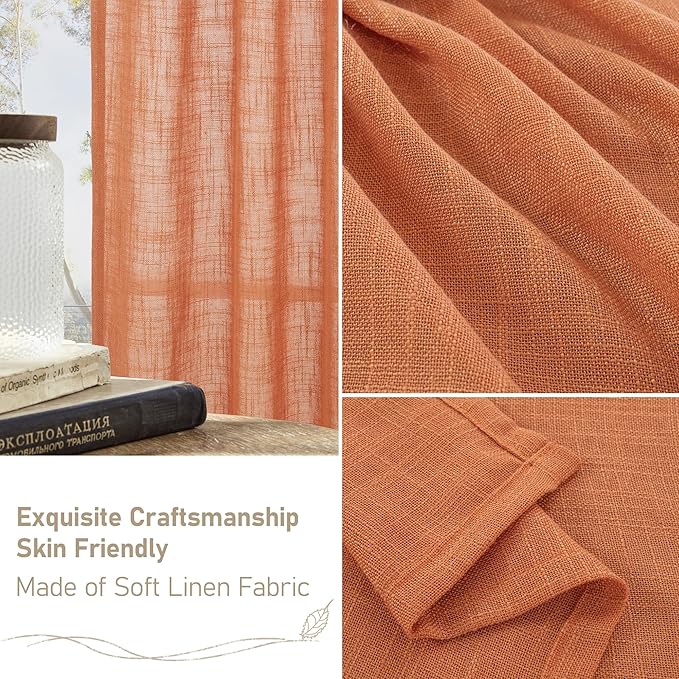 LAMIT Burnt Orange 72 inch Linen Curtains for Living Room 2 Panels, Linen Textured Light Filtering Semi Sheer Back Tab and Rod Pocket Curtain Panels for Bedroom/Farmhouse, 52 x 72 Inch
