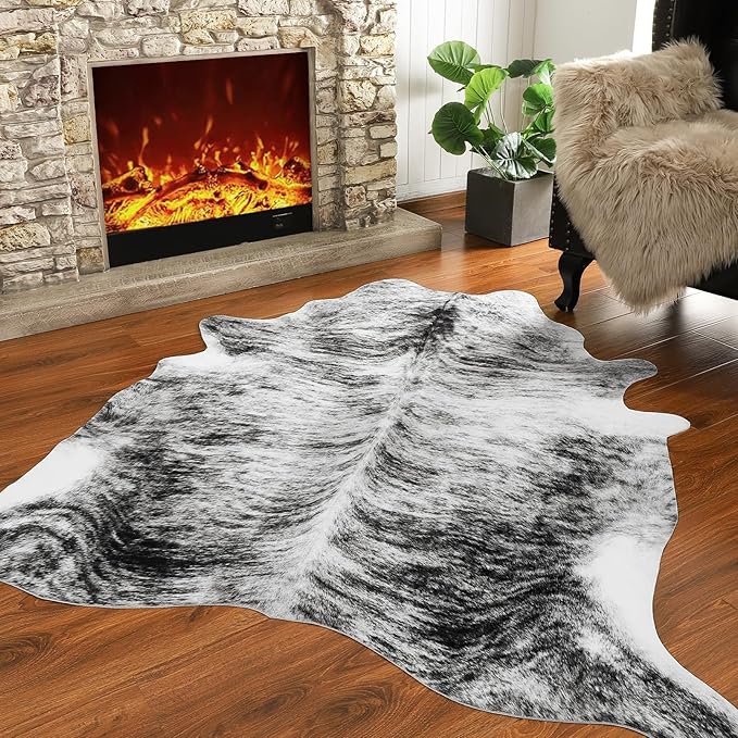 AROGAN Western Decor Faux Fur Cowhide Rug, 6 x 7 Feet Premium Animal Skin Cow Hide Rug, Sturdy Cow Print Rugs for Wall Decor, Western Floor Carpet for Bedroom Living Room, Black and Grey