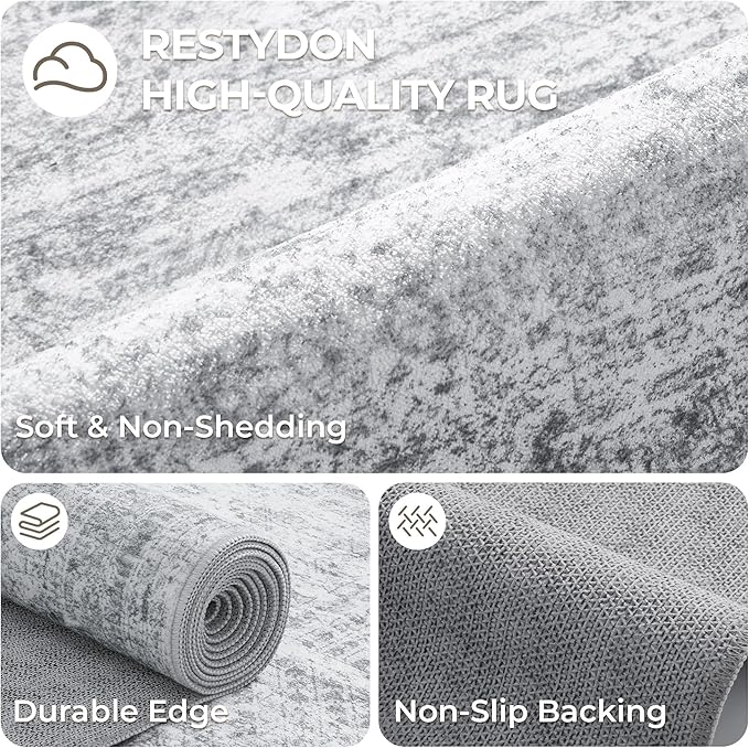 Washable Runner Rug 2.5x12, Non-Slip Long Bathroom Rugs Runner for Kitchen, Living Room, Bedroom, Soft Vintage Rug for Entryway, Thin Floor Mat for Dining Room(2.5'x12', Grey/Ivory)