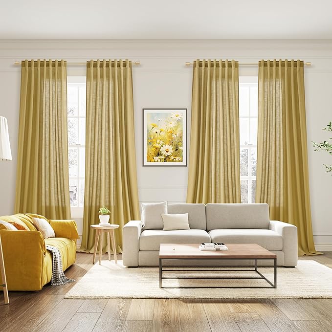 Nanspring Gold Linen Curtains Semi Sheer Gold 96 Inches Long 2 Panels Set for Living Room Back Tab Rod Pocket Light Filtering Drape for Bedroom Modern Farmhouse Coastal Decor Protect Privacy 52x96