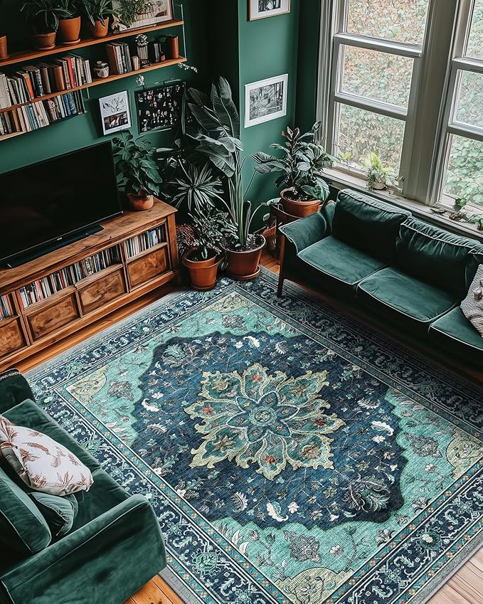 Area Rugs 9'x12' Washable Non-Slip, Floral Vintage Distress Print Pattern Medallion Carpet for Living Room Bedroom Dining Room, Teal Green Lake Blue Turquoise