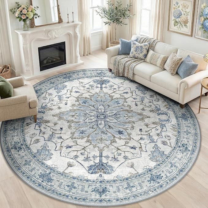Area Rugs 8ft Washable Non-Slip, Floral Vintage Distress Print Pattern Medallion Carpet for Living Room Bedroom Dining Room, Light Blue Navy Beige Gray White