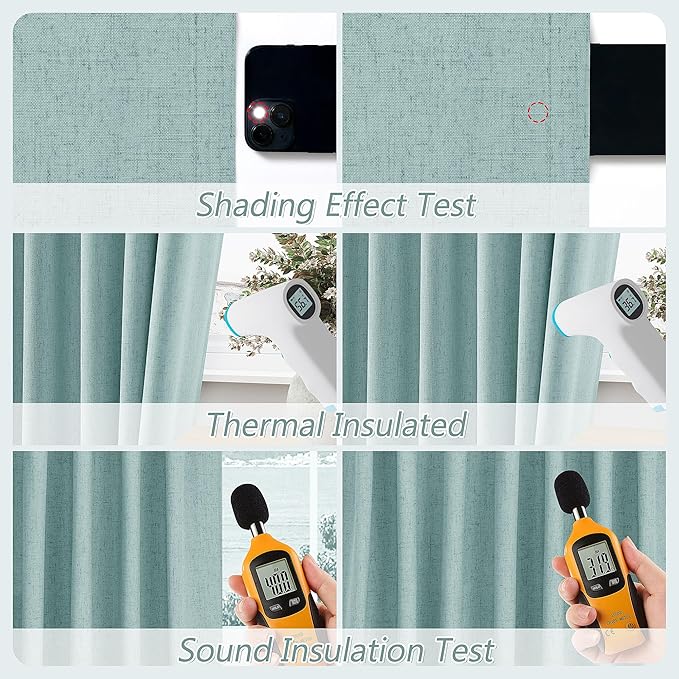 Guken 100% Blackout Linen Curtains 63 Inch Length 2 Panels Set for Living Room Bedroom Back Tab Thermal Insulated Black Out Linen Drapes Room Darkening Window Curtains,Light Blue