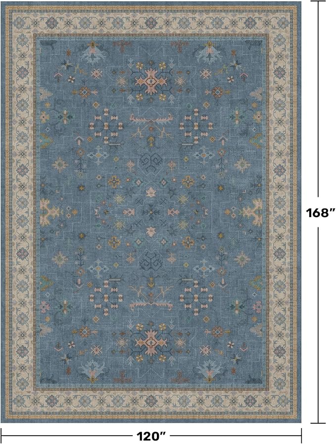 Hazo Haus Blue Big Rugs for Living Room - Dusty Blue 10x14 Area Rug for Large Bedroom, Dining Room, Washable Lightweight Low Pile Foldable Eclectic Modern Floral Home Décor