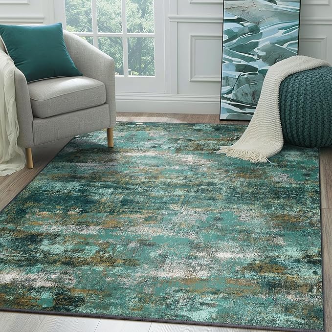 BEIMO Machine Washable Rug 5x7 Area Rugs for Living Room Bedroom, Large Turquoise Abstract Area Rug Soft Throw Rugs, Low-Pile Floor Carpet with Non Slip Rubber Backing