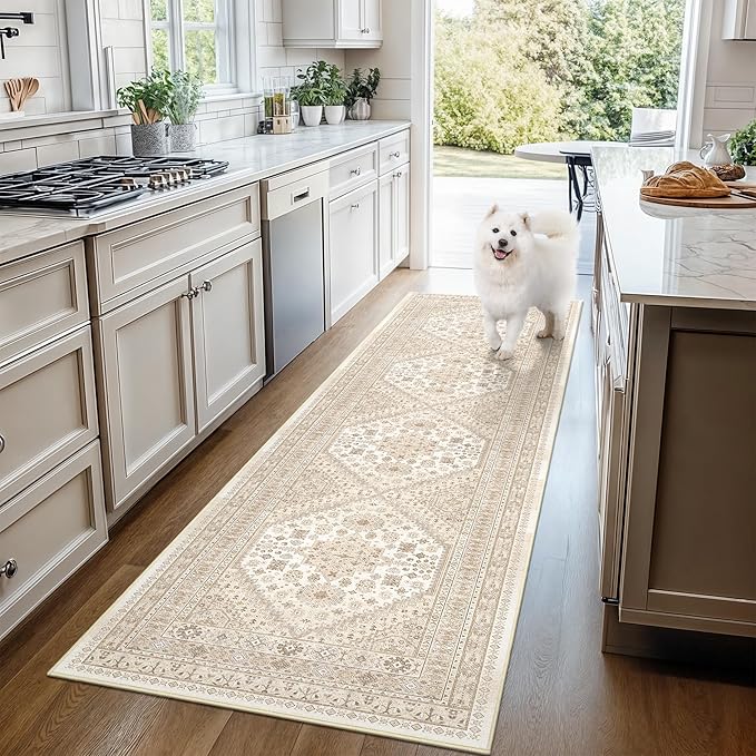Entryway Rug - 2x3 Washable Rug Runner for Bathroom, Laundry Room, Kitchen, Soft Vintage Hallway Runner for Bedroom, Non-Slip Door Mat Indoor Entrance(Cream/Beige,2'x3')