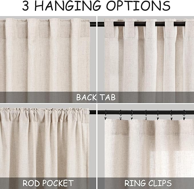 Nanspring Beige Linen Curtains 108 Inches Long 2 Panels Back Tab Rod Pocket Modern Farmhouse Linen Light Filtering Curtains Extra Long Semi Sheer Curtain Drapes for Living Room Bedroom 9Ft 60x108
