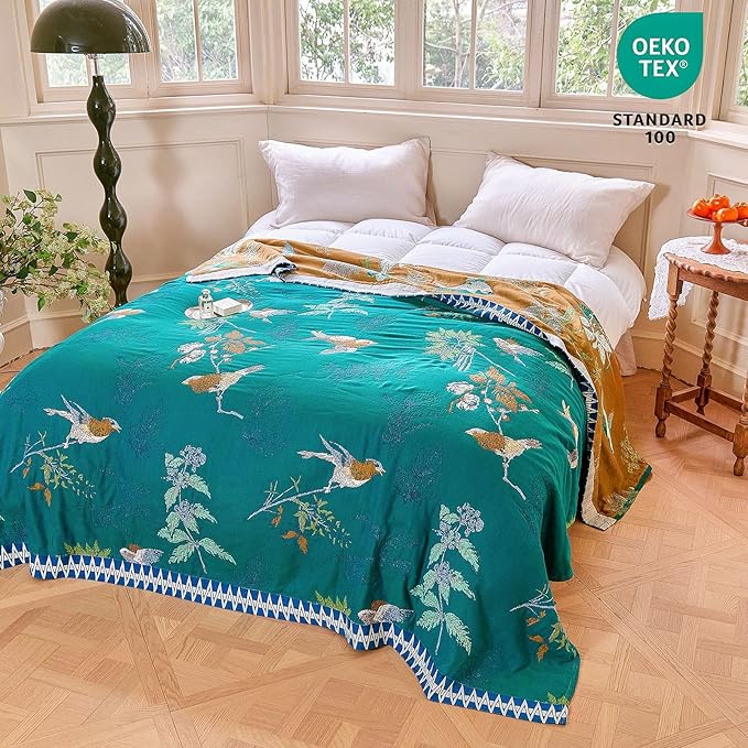 MSGKV The Boho Layer: 60"x80" Cotton Throw Blanket – Full Size for Couch Snuggles, Twin Bed Topper | Lightweight & Breathable Reversible Aviary Botanical Pattern, Decorative Accent