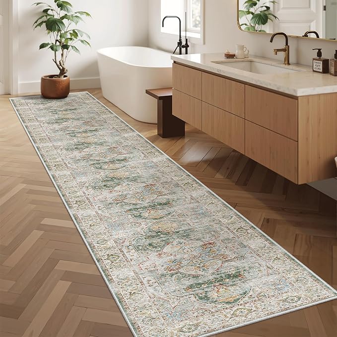 Madane Hallway Runner Rug 2x12, Extra Long Washable Runner Rugs with Rubber Backing, Non Slip Carpet Runner for Hallway, Vintage Rug Runners for Kitchen Laundry Room Entryway (Green, 2'x12')