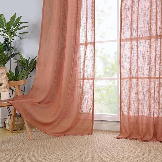 LAMIT 48 Inch Short Window Linen Curtains, Light Filtering Panels Back Tab and Rod Pocket Neutral Drapes for Cafe/Bathroom/Loft Room, Terracotta, 2 Panels, 34 x 48 Inch