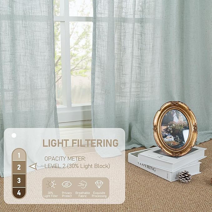 LAMIT Short Linen Window Curtains 30 Inches Long 2 Panels, Greyish Blue Semi Sheer Light Filtering Panels Back Tab and Rod Pocket Neutral Drapes for Basement/Small Windows, 34 x 30 Inch