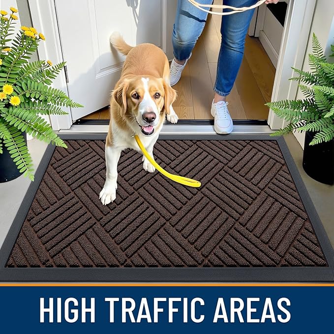 OLANLY Front Door Mat Outside Entrance 35x23, Absorbent, Heavy Duty Sturdy Natural Rubber Doormat Indoor Outdoor, Stain and Fade Resistant, Non-Slip Low Profile Floor Mat for Entryway, Brown Diamond
