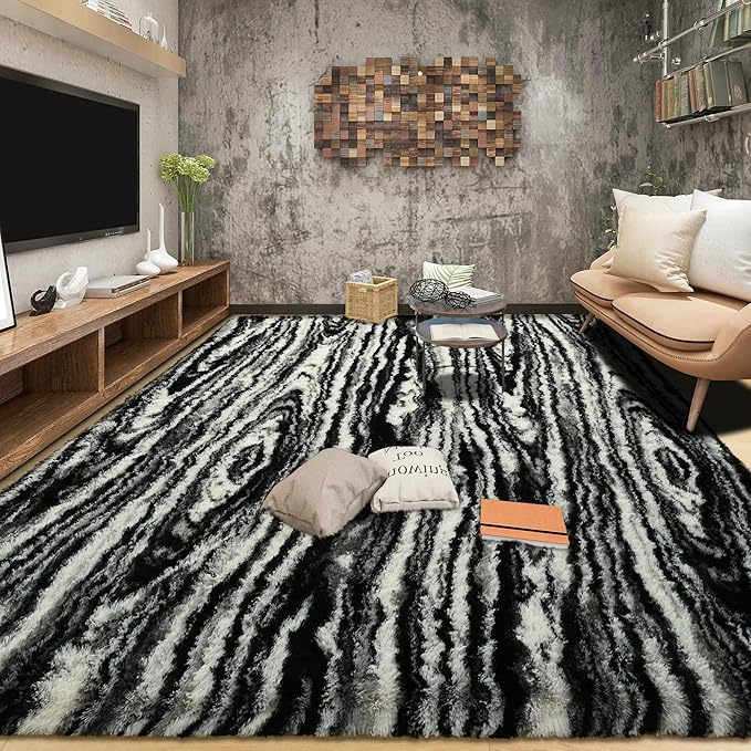 Tepook Soft Fluffy Rugs for Bedroom, 4x6 Area Rug for Living Room, Modern Shaggy Room Rug for Kids Boys Girls, Plush Throw Rugs Indoor Nursery Home Decor Rug with Non-Slip Bottom, Black White