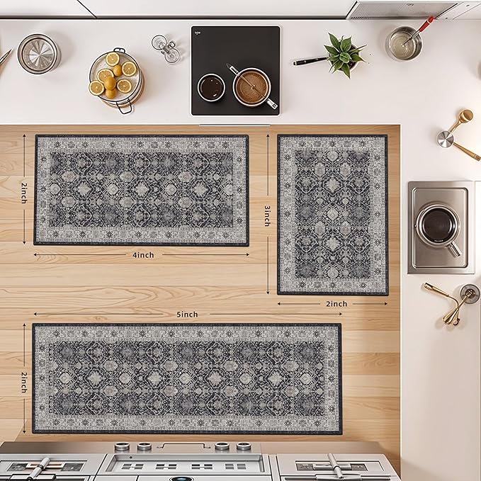 Washable 4-Piece Kitchen Floor Mats: Farmhouse Non-Slip Kitchen Sink Rug Easy Clean Water-Resistant Runners for Hallway Bathroom Soft Decorative Carpet for Pet Feeding Area(2x3+2x4+2x5+2x6,Black)