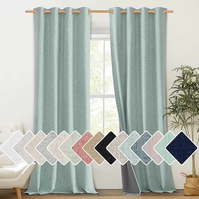 NICETOWN 100% Absolutely Blackout Linen Curtains with Thermal Insulated White Liner, Seafoam Green, 52" Wide, 120" Length Energy Saving Curtains for Living Room 2 Panels Set, Vertical Blinds