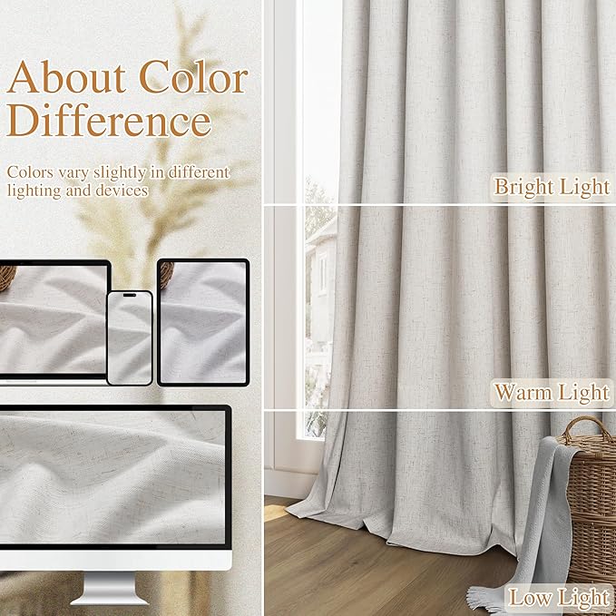 Guken Natural Extra Long 100% Black Out Curtains 120 Inch Length 2 Panels Set for Living Room Bedroom Back Tab Thermal Insulated Blackout Linen Drapes Room Darkening Window Curtain, 52" W x 120" L