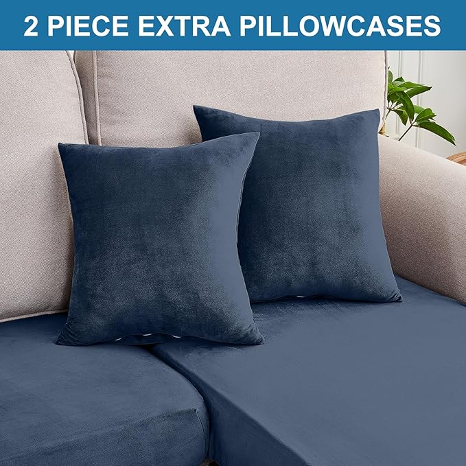 Couch Cover 4-Piece Elastic Velvet Couch Cushion Covers & Chaise Slipcovers for L-Shaped Sofas, Sofa Seat Covers Washable, Soft Cover for Couches (3 Seater + Chaise, Berlin Blue)