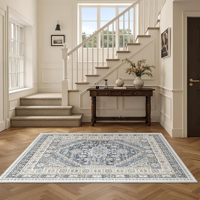 3x5 Washable Area Rug for Entryway, Kitchen Rugs Non Slip for Dining Room, Vintage Floral Soft Living Room Rug, Thin Area Rug Indoor for Bedroom, Kids Room Decor(Blue/Beige,3'x5')