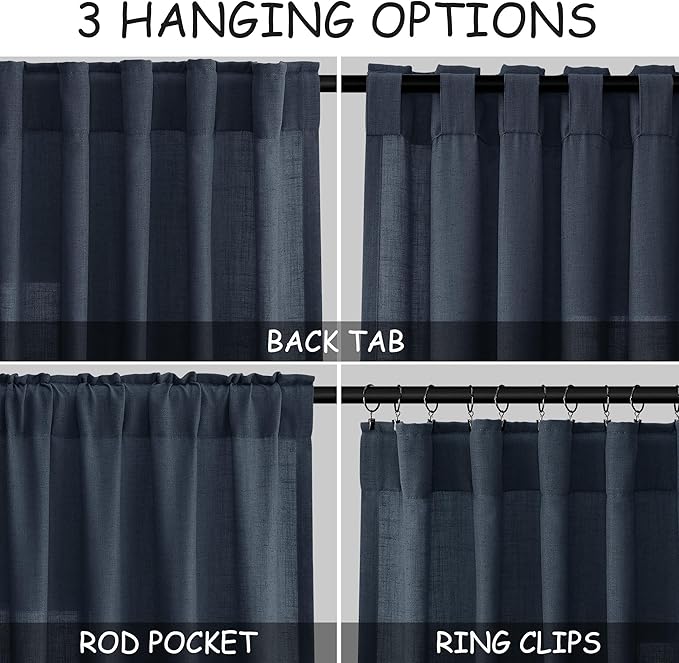 Extra Long Vintage Blue Linen Curtains 120 Inch for Living Room 2 Panels Set Rod Pocket Back Tab Light Filtering Semi Sheer Soft Linen Window Drapes Privacy High Ceiling Drapes for Farmhouse 52x120