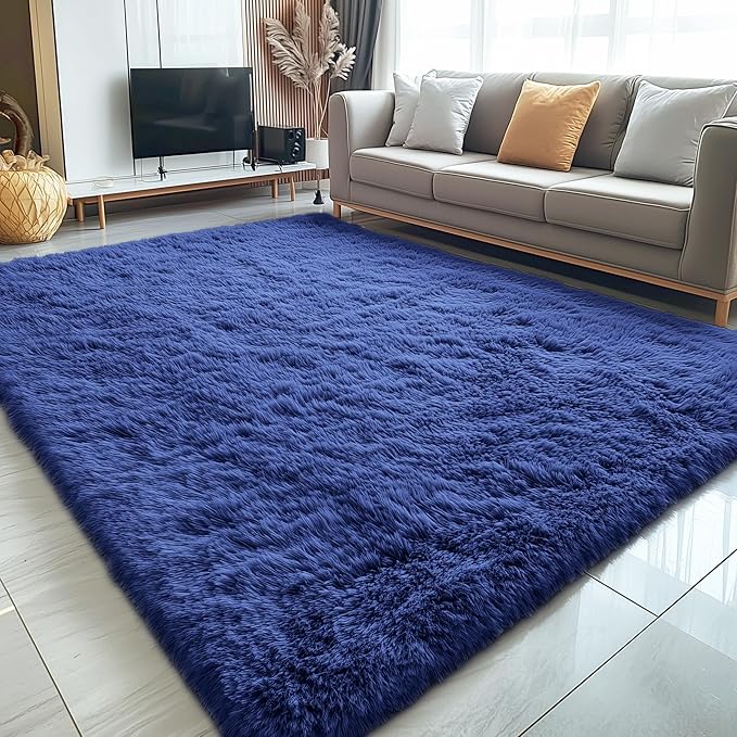 OLANLY 7x7 Machine Washable Large Area Rugs for Living Room, Bedroom, Soft Fluffy Shaggy Bedside Rug, Indoor Floor Carpet for Kids Girls and Boys, Dorms, Nursery, Home Decor Aesthetic, Navy Blue
