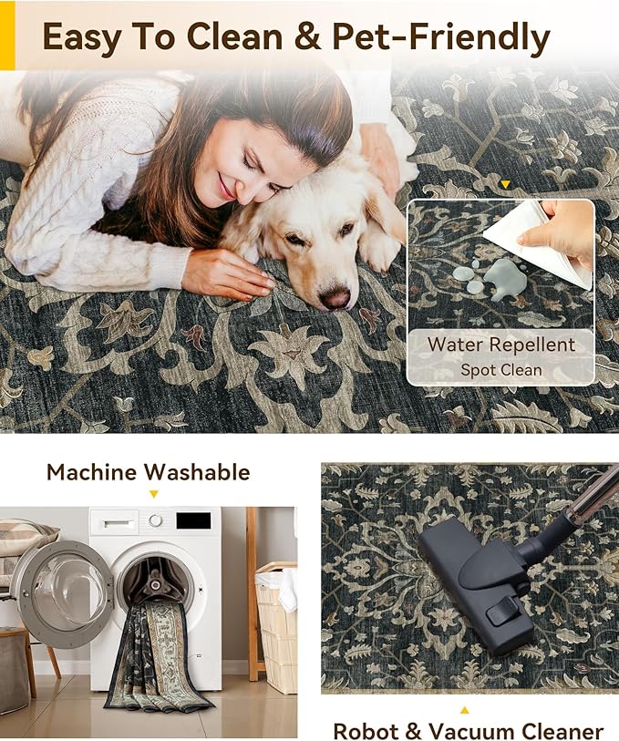 Area Rugs 3'x5' Washable Non-Slip, Floral Vintage Distress Print Pattern Medallion Carpet for Living Room Bedroom Dining Room, Vintage Black Brown Neutral