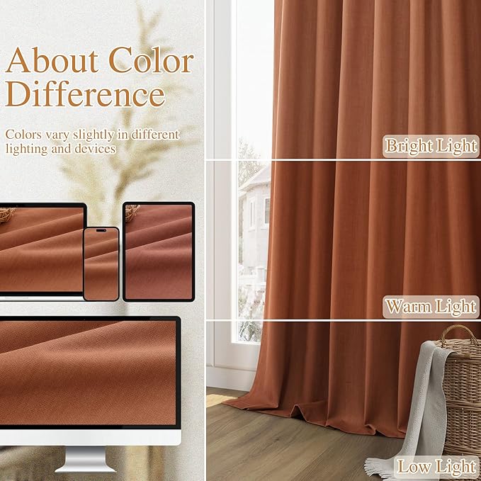 Guken Terracotta 100% Blackout Curtains 120 Inch Length 2 Panels Set Fall Curtains for Living Room Bedroom Back Tab Thermal Insulated 100% Black Out Linen Drapes，52x120