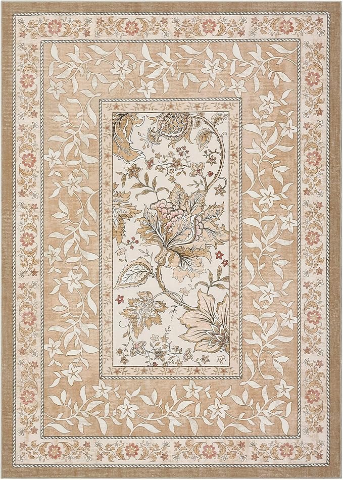 GarveeHome Provence 8x10 Area Rugs for Living Room, Botanical Grove Pink Brown Scroll Cottagecore Washable Rug for Bedroom Dining Nursery Low-Pile Vintage Large Carpet