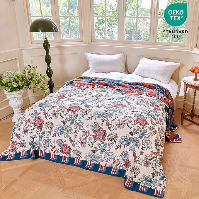 MSGKV Boho Throw Blanket 90"x108" 100% Cotton Floral Blanket for Bed Spring Breathable Lightweight King Blankets All Seasons Home Decor Muslin