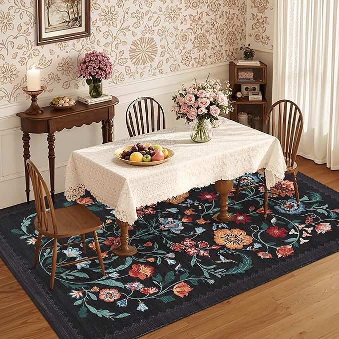 GarveeHome Washable Rug 3x5 Area Rugs for Living Room, Floral Rug for Bedroom, Soft Boho Non Slip Throw Rugs with Rubber Back, Low Pile Stain Resistant Vintage Floral Carpet for Dining Room, Black