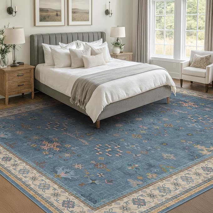 Hazo Haus Boho 8x10 Large Area Rugs for Living Room - Eclectic Dusky Blue Rug for Bedroom Under Bed, Dining Room Under Kitchen Table, Washable Soft Non Slip Unique Colorful Indoor Décor