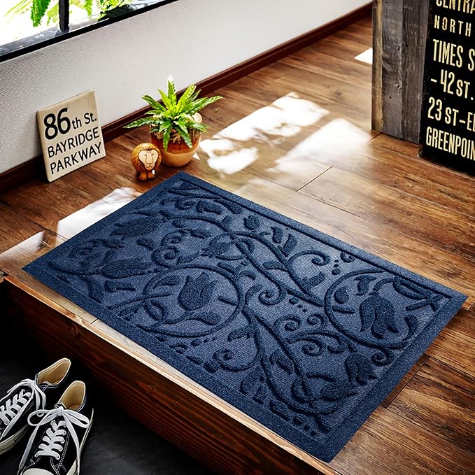 Boho Blue Floral Leaves Outdoor Indoor Entrance Doormats, Absorbent Durable Heavy Duty Welcome Front Door Mat,Thick Natural Rubber Back,Easy Clean Entryway Mat 23x35 Inch, Low Profile