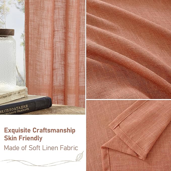 LAMIT Semi Sheer Linen Curtains 36 Inch Length 2 Panels, Light Filtering Panels Back Tab and Rod Pocket Neutral Drapes for Bathroom/Kitchen/Loft Room, Terracotta, 25 x 36 Inch