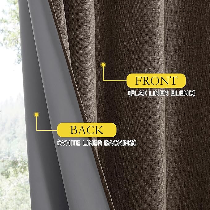 NICETOWN Coffee Vintage Linen 100% Blackout Curtains for Living Room, Thermal Insulated Curtains 120“ Long, Noise Reducing Window Treatment Drapes for Home Office, 62" Wide Per Panel, Set of 2