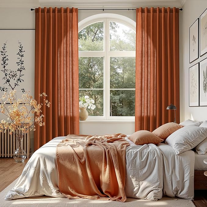 Rust Linen Curtains for Living Room 120 Inches Long Light Filtering Semi Sheer Curtain Back Tab Vintage Rustic Decor Extra Long Floor to Ceiling High Window for Bedroom Office 52x120, 2 Panels