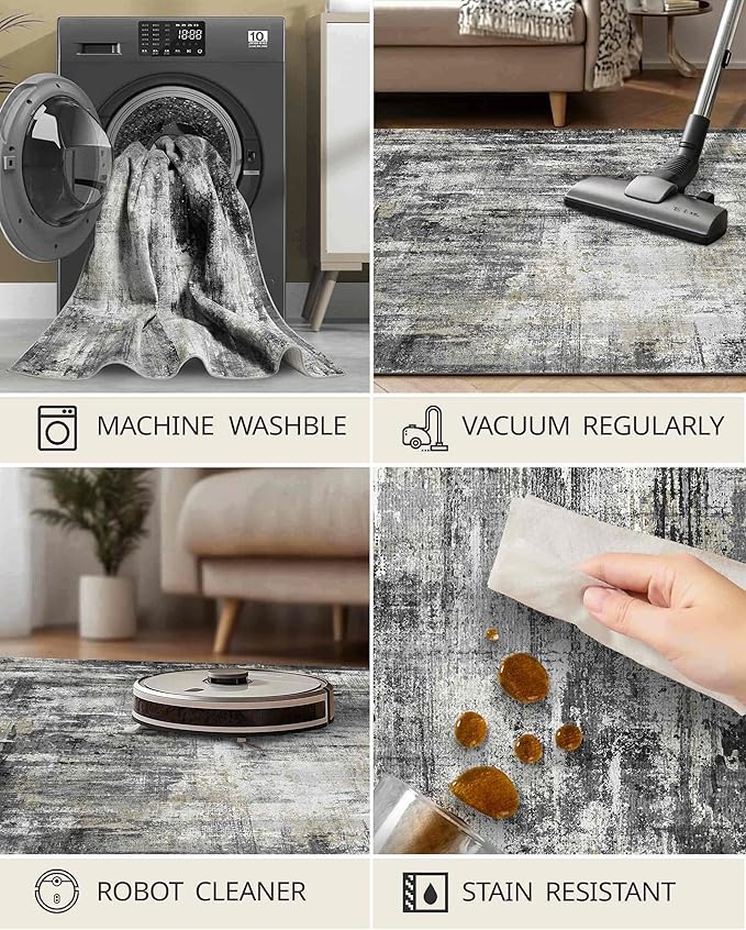 Latte&Fog 2x3 Entryway Rug, Small Modern Abstract Door Mat, Washable Kitchen Rug, Boho Non Slip Low Pile Carpet for Indoor Kitchen, Entry, Front Door and Bathroom - Black/Gold