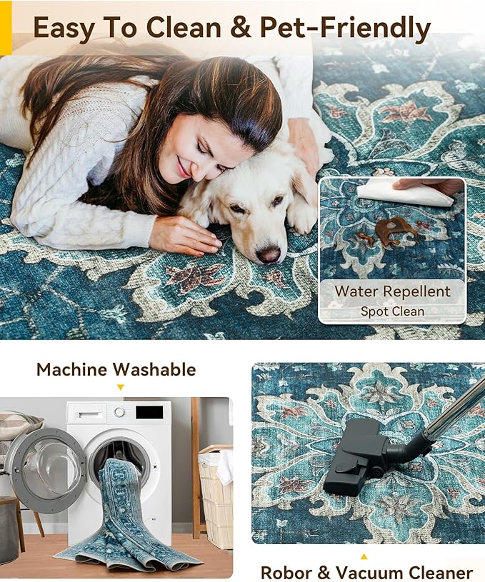 RELEANY Area Rugs 10'x12' Washable Non-Slip, Floral Vintage Distress Print Pattern Medallion Carpet for Living Room Bedroom Dining Room, Teal Green Lake Blue Turquoise