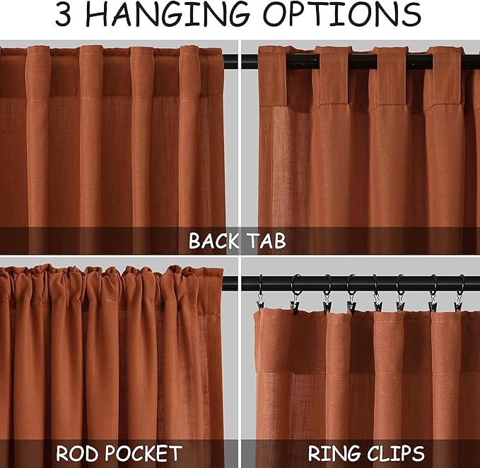 Nanspring Extra Long Curtains 132 inch Length 2 Panels Back Tab Terracotta Curtains Rustic Farmhouse Boho Fall Decor Brick Burnt Orange Semi Sheer Linen Curtain for Floor to Ceiling Window 11 Ft