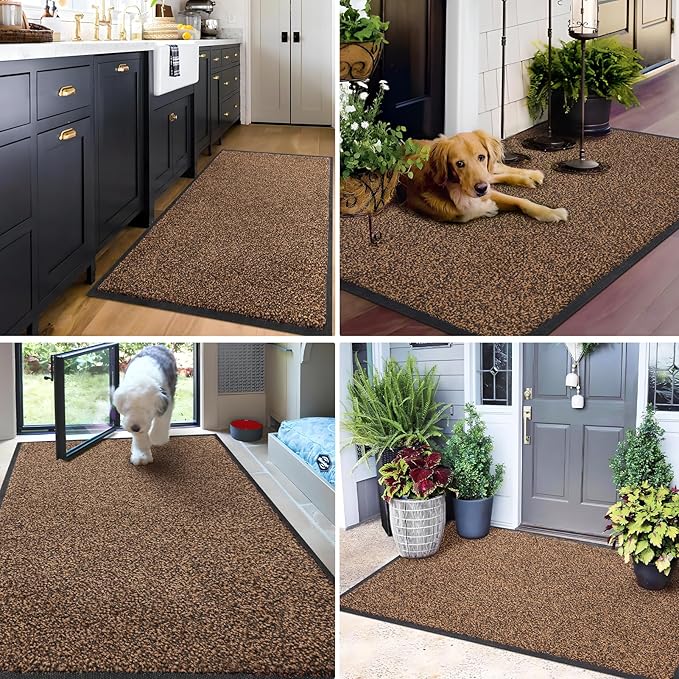 Mibao Front Door Mat, Dirt Trapper Welcome Mat for Outdoor Indoor, Non-Slip Waterproof Doormat, Durable Machine Washable Low Profile Entry Rug for Back Door Outside Patio Porch, 32" x 20", Brown