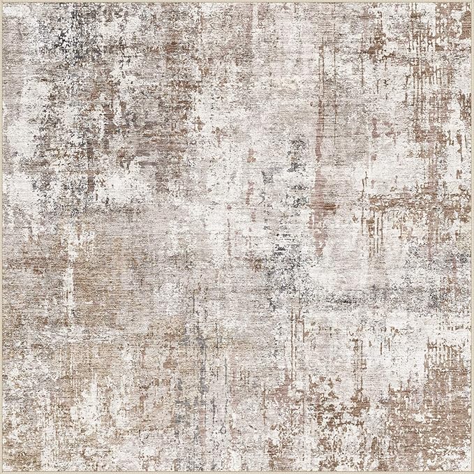 UERMEI Square Area Rugs : Washable 8x8 Neutral Modern Abstract Carpet for Living Room Bedroom - Soft Floor Mat with Non Slip Backing for Kitchen Nursery Dorms Farmhouse Home Decor - Brown/Grey/Red
