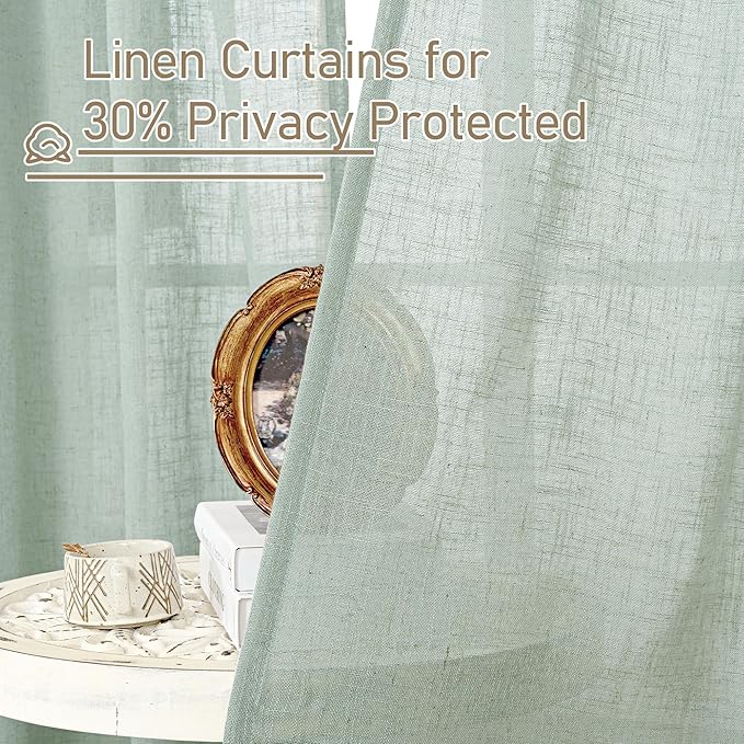 LAMIT Semi Sheer Linen Curtains 54 Inch Length 2 Panels, Light Sage Light Filtering Panels Back Tab and Rod Pocket Neutral Drapes for Kitchen/Window/Dining Room, 52 x 54 Inch