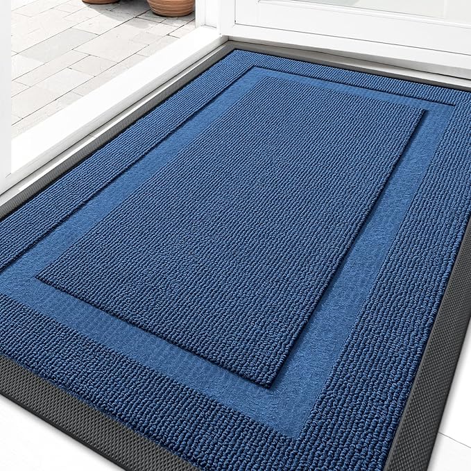 OLANLY Front Door Mat Indoor Outdoor Entrance, Waterproof All-Season, All-Weather Doormat, Sturdy Natural Rubber, Low Profile, Easy Clean Patio Porch Entryway Mat, 35x23, Navy Blue