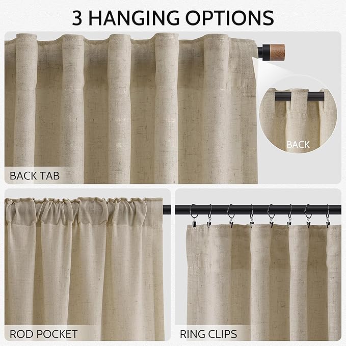 Eggshell Beige Linen Curtains for Living Room 126 Inches Long Light Filtering Semi Sheer Curtain Back Tab Rustic Farmhouse Decor Drapes Floor to Ceiling High Window for Bedroom 52x126, 2 Panels