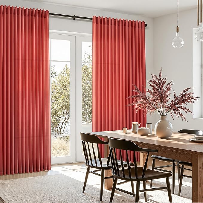 Christmas Red Linen Curtains 102 Inches Long for Living Room Light Filtering Semi Sheer Curtain Back Tab Vintage Rustic Luxury Home Decor Floor to Ceiling Neutral Drapes for Bedroom 52x102, 2 Panels